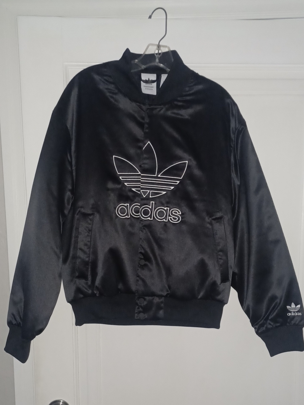 Adidas Black Satin Trefoil Bomber Jacket